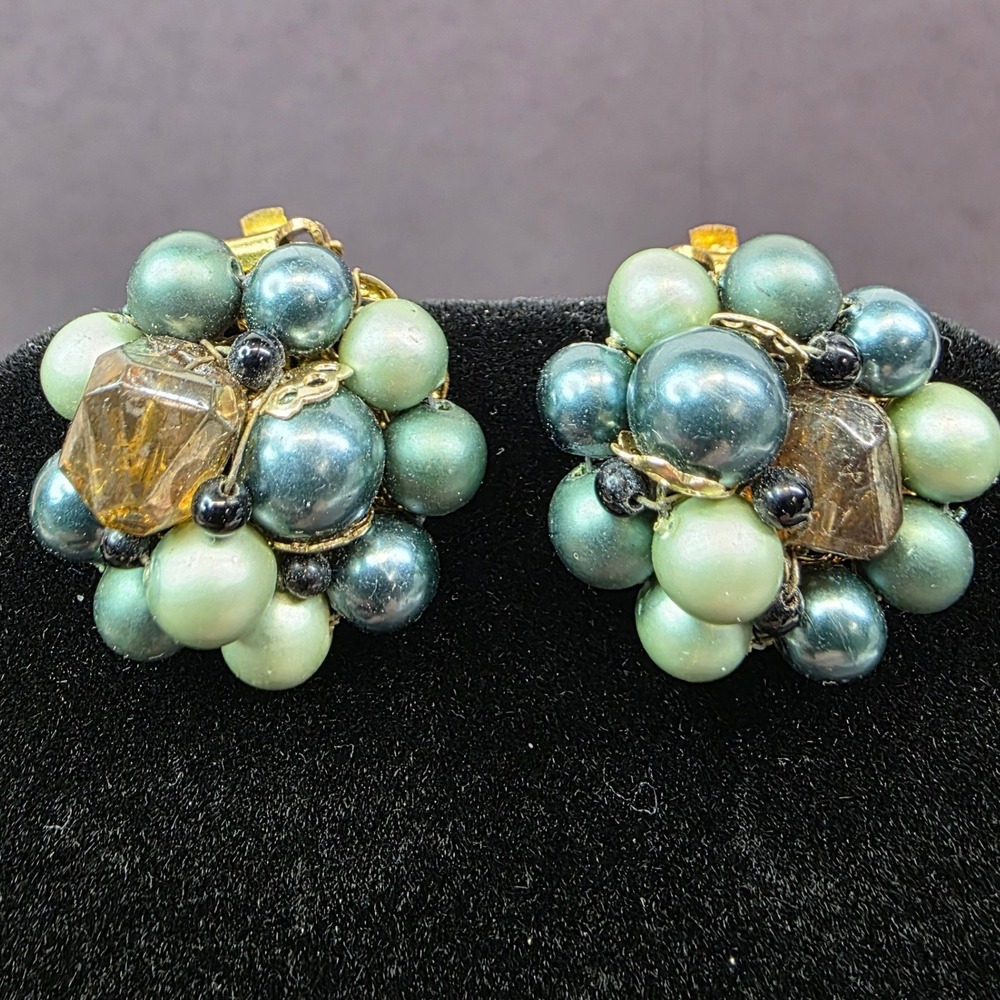 Vintage 1960s Japan Clip On Earrings Teal Green Blue Cluster Costume Jewelry